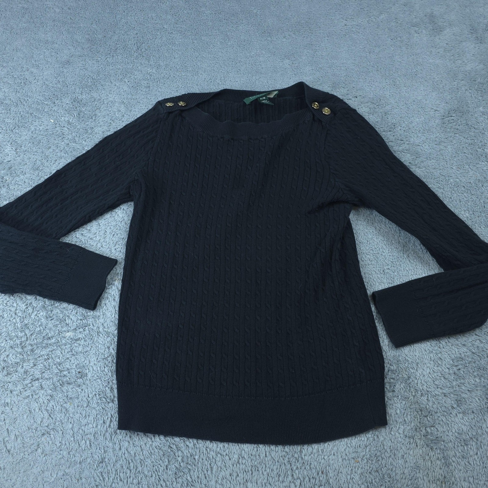 Lauren Ralph Lauren Sweater Womens Petite Medium Blue Cable Knit Button Shoulder