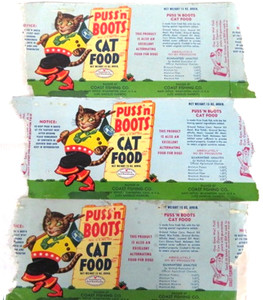 Lot of 3 1950’s Puss’n Boots Cat Food Paper Label by Quaker Oats