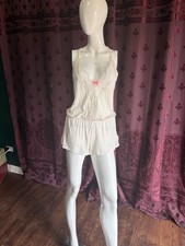 Victoria's Secret Women’s Lace Trim White Sleep Romper Neon Pink Bow Size Medium