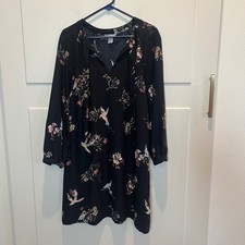 H&M Black Floral Bird Print Long Sleeve Tie Neck Casual Dress Womens 10 Academia