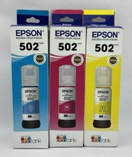 Epson T502520-S 502 Cyan Yellow Magenta Ink Bottle LOT New Sealed EXP 2030