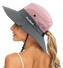 Women's Summer Sun-Hat Ponytail - Outdoor UV-Protection Mesh Wide 7 1/4 Pink