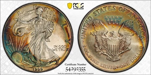 MS66 1999 $1 ASE Silver Eagle Dollar, PCGS Trueview- Nicely Rainbow Toned