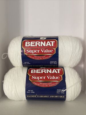Bernat Super Value Yarn Lot of 2 White Worsted 4 Ply 8 Oz Each Skein #7391