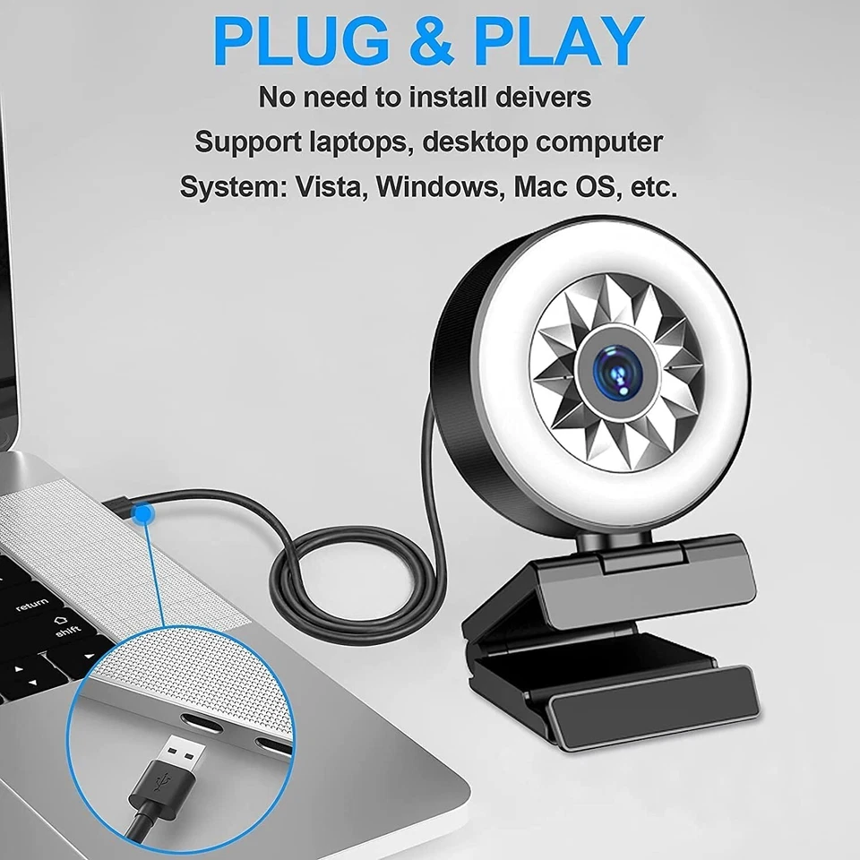 Cámara web 1080P con micrófono trípode cámara web anillo luz enfoque automático nuevo Foto 4 de 4