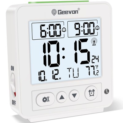 Atomic Travel Alarm Clock With Auto/8s Backlight 2 Alarm Settings Temperature De