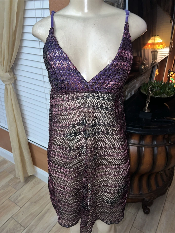 RITCHIE SWIMWEAR PURPLE SILVER Metallic CROCHET TRANSPARENT COVEROUP SZ LG scx - Image 4 of 4
