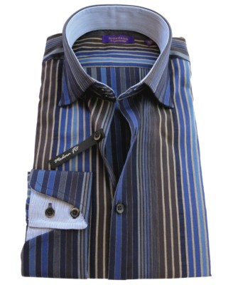 Giordano Langarmhemd Modern Fit UMA blau braun Streifendessin Gr. 40 41 44