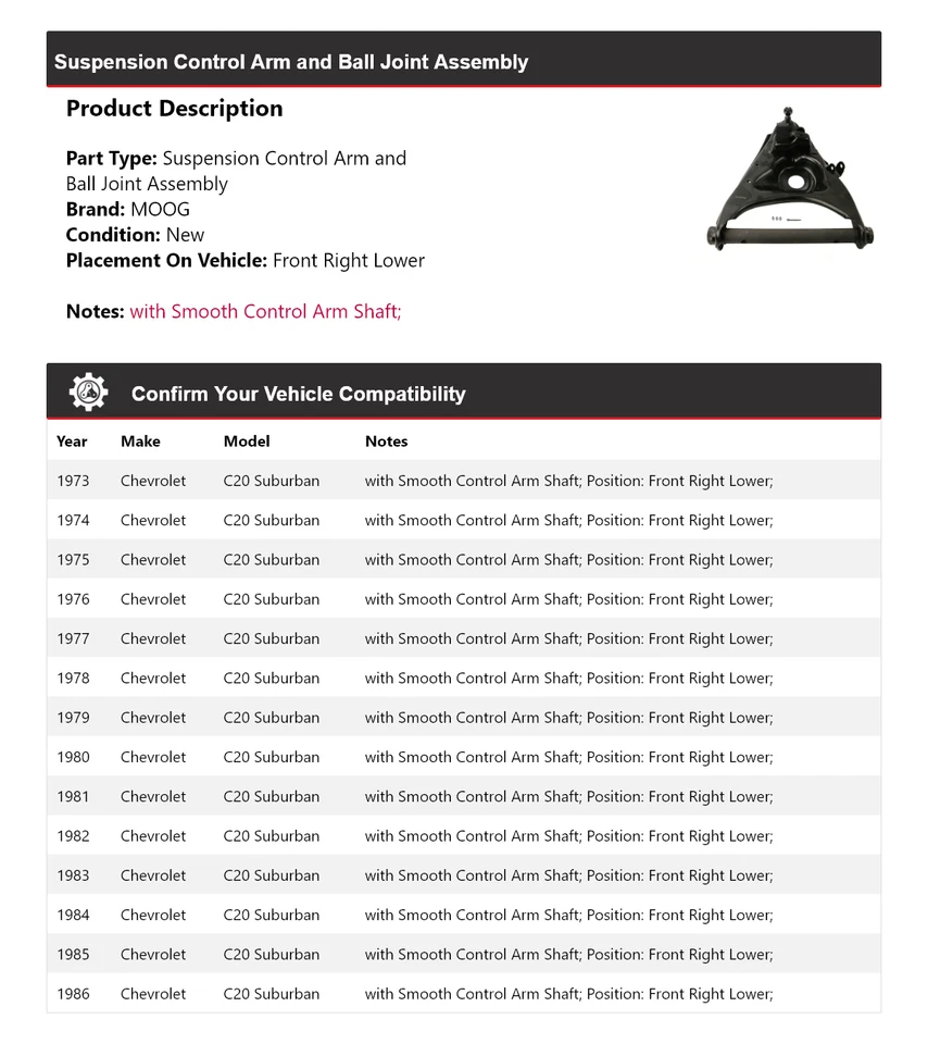 Brazo de control delantero derecho inferior MOOG 1973-1986 para Chevrolet C20 Suburban Foto 2 de 4