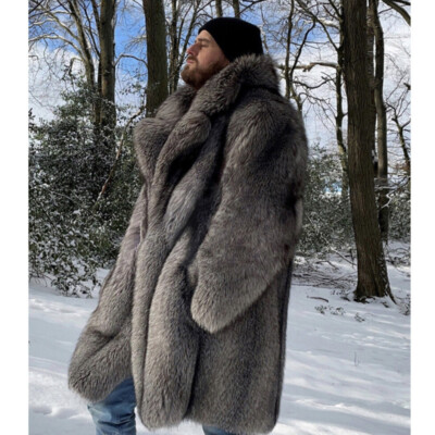 American Style Mens Lapel Collar Mid Long Coat Overcoat Faux Fox Fur Mink Jacket