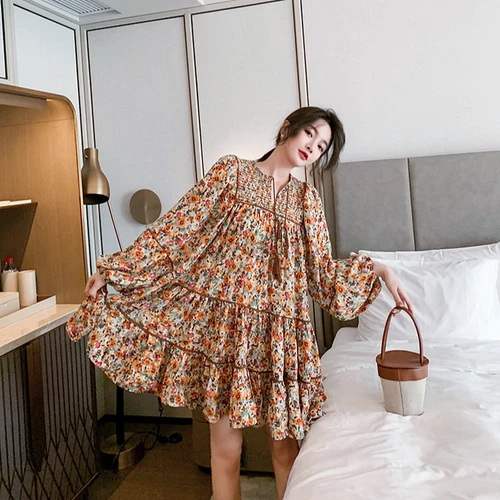 Lady Boho Floral Mini Dress Long Sleeve Loose Cottagecore Hippie Gypsy Swing - Picture 4 of 13