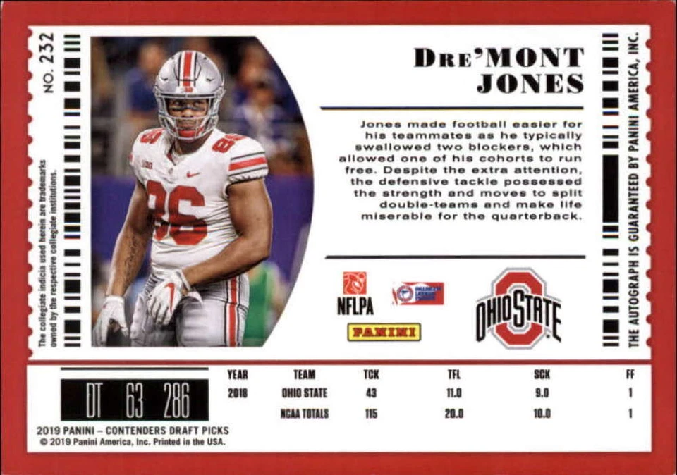 2019 Panini Contenders Draft Tickets College Ticket #232 Dre'Mont Jones AUTO - Image 2 of 2
