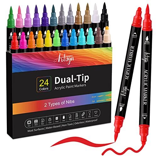 24 Colors Acrylic Paint Pens Dual Tip Pens With Medium Tip and Brush Tip for ...