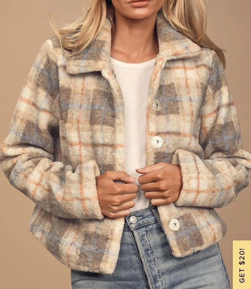 Lulus Women s Game Changer Cream Plaid Faux Fur Teddy Coat Jacket Sweater Sz XS
