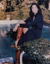Lynda Carter candid pose in brown boots by swimming pool 1970's 8x10 inch photo