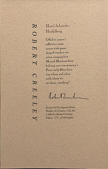 Robert Creeley / Hotel Schrieder Heidelberg Signed 1st Edition 1984