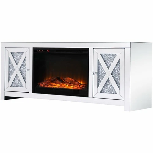 Elegant Decor Modern 59" Clear Silver Mirrored Faux Log Fireplace TV Stand - Picture 1 of 10