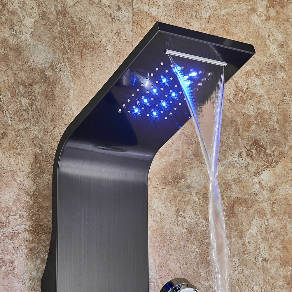 LED Shower Panel Column 6 Massage Body Jets Stainless Steel Black Mixer