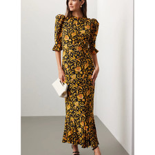 Rhode Black Yellow Floral Satin Midi Dress SIZE 2 Ruffle Modest Designer $600