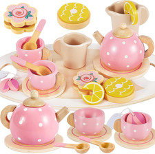 Kids Wooden Tea Party Set for Little Girls Toddler Pretend Play Food Kitchen Acc