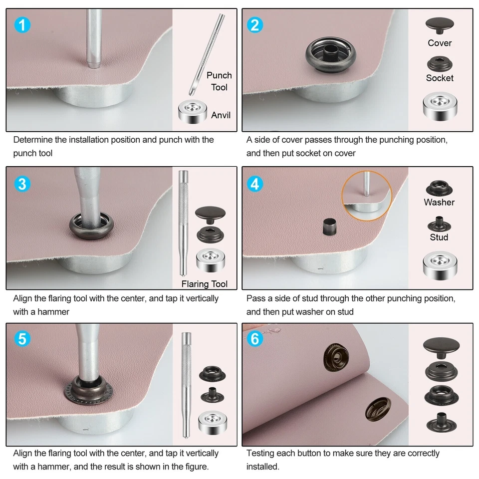 For Leather Craft 70 Sets 15mm 5/8" Heavy Duty Snap Fasteners Kit Metal Button - Image 4 of 4