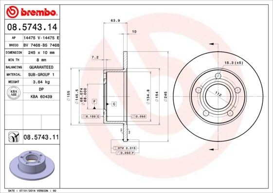 Disque de frein BREMBO 08.5743.11 haute dissipation pour VW et AUDI