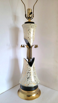 Vtg Mid Century Modern 50's  Black & White  Atomic Rocket Ceramic & Brass Lamp