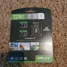 PNY 128GB Premier-X microSDXC Card 2-Pack Class 10 U3 V30 4K UHD Full HD, No Box