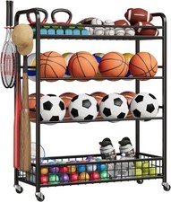 Rolling Ball Storage Rack with Baseball Bat Holder  Hooks Sports Equipment