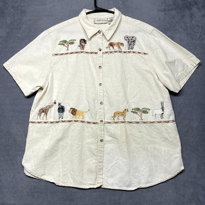 Vintage Lemon Grass Studio Safari Animal Embroidered Shirt Women XL Beige Cotton