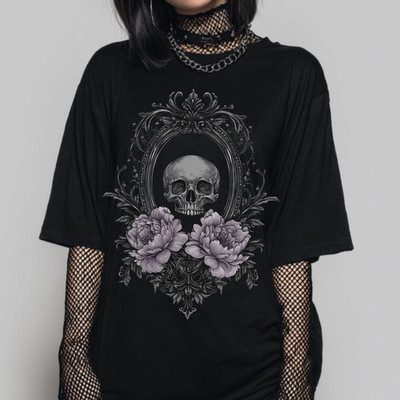 Pastel Goth Skull T-Shirt, Gothic Graphic Print Shirt, Emo Alt Whimsigoth Top