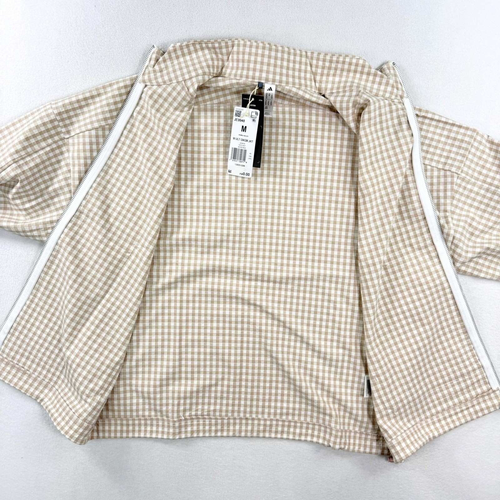 Adidas Womens Ultimate365 Gingham Golf Jacket Utility Size M Taupe JE9948, NEW thumbnail 4