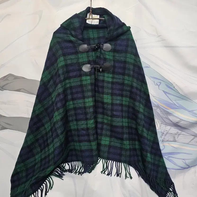Checked Pattern Hoodie Cape with Toggle Buttons a… - image 3