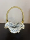 VTG Fenton Hobnail Basket White Opalescent Amber Ruffle Edge Twisted Handle 6.5