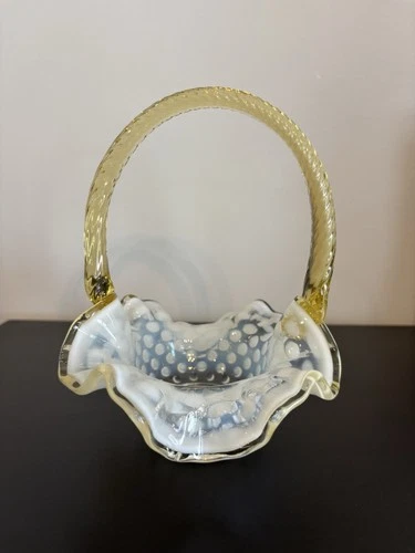 VTG Fenton Hobnail Basket White Opalescent Amber Ruffle Edge Twisted Handle 6.5