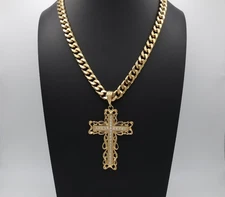Large Gold CZ Cross Pendant Necklace, 14k Plated, 10mm Cuban Chain Men's/Women's