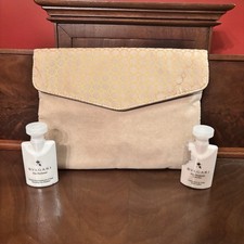 BVLGARI Fabric Cosmetic Makeup Bag Suede Clutch Pouch Beige Gold