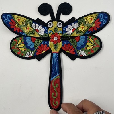 Colorful Flower Accent Dragonfly XLarge Patch: Quality Embroidery, Iron On, 9.5 