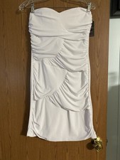 Women's White Solid Strapless Ruched Satin Bodycon Knee LengthDress Pullover  Lg