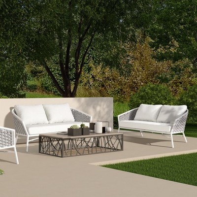 Acrylic Woven Rope Love Seat Sofa Barrel Back White Indoor/Outdoor