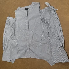 Donna Karan MED Cold Shoulder Long Sleeve Button Up Blouse Navy/White Stripe