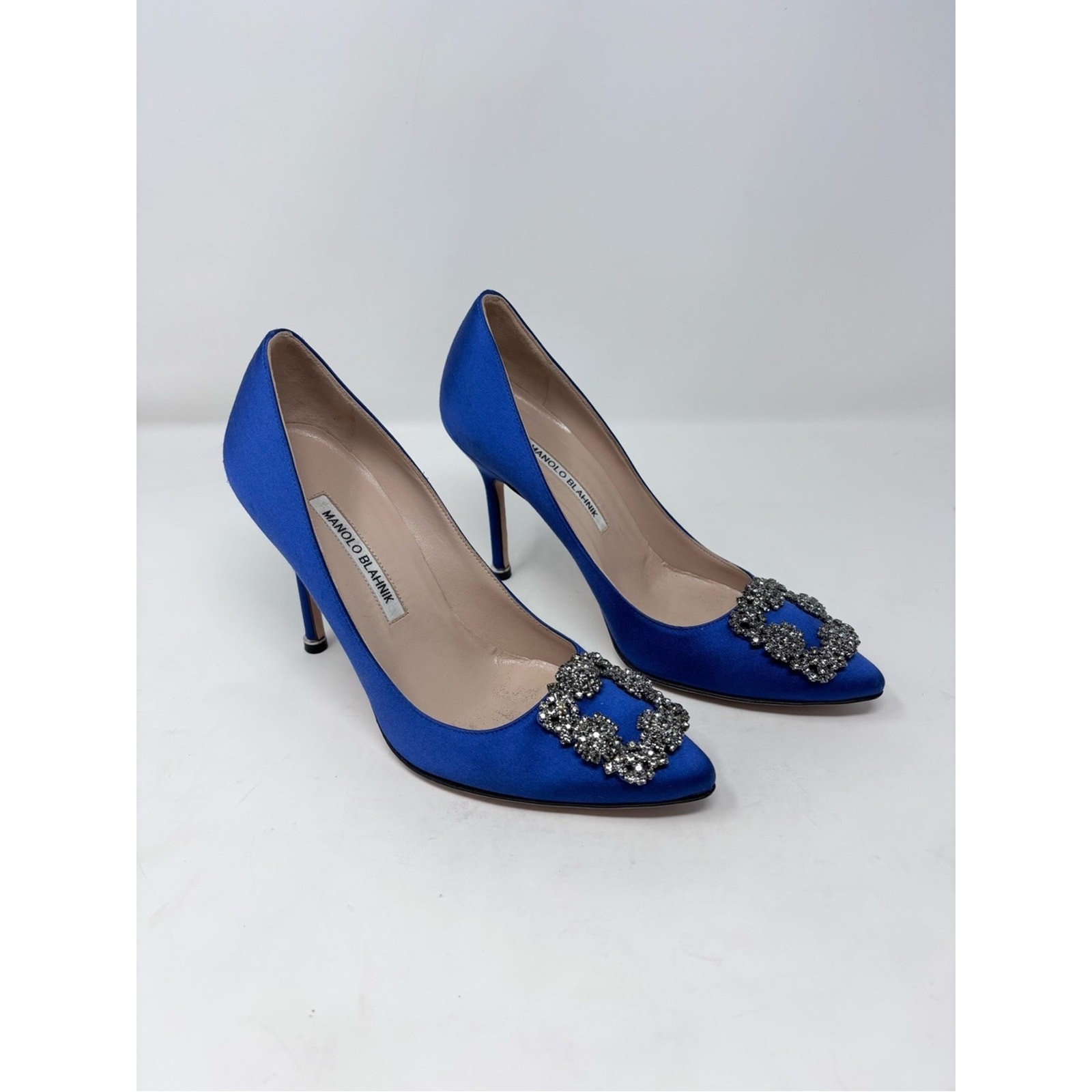 Manolo Blahnik Hangisi Blue Satin Crystal-Toe Pump 105mm size 37.5 Pointed Toe