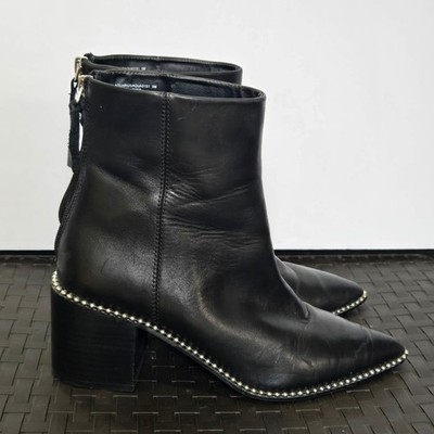Steve Madden Aquarius Black Leather Studded Pointed Toe Block Heel Boots 9M