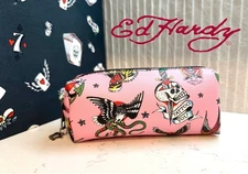 ED HARDY W/Skull Zipper Charm RARE! Cosmetics Toiletries Travel Bag Makeup (NEW)