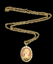 Vintage Cameo Pendant Necklace With Ornate Chain Intricate Profile Design