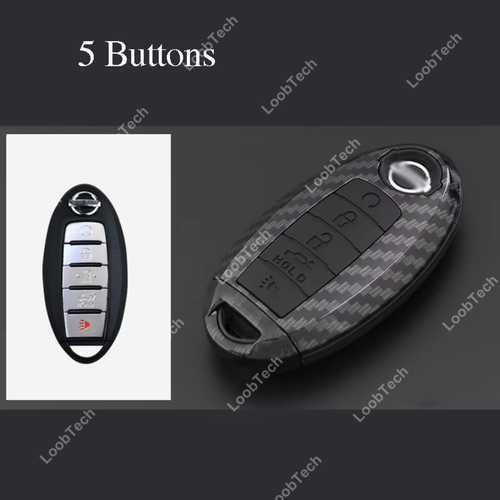 For Nissan 5 Button Carbon Fiber Shell+Silicone Cover Remote Key Holder Fob Case - Picture 2 of 16