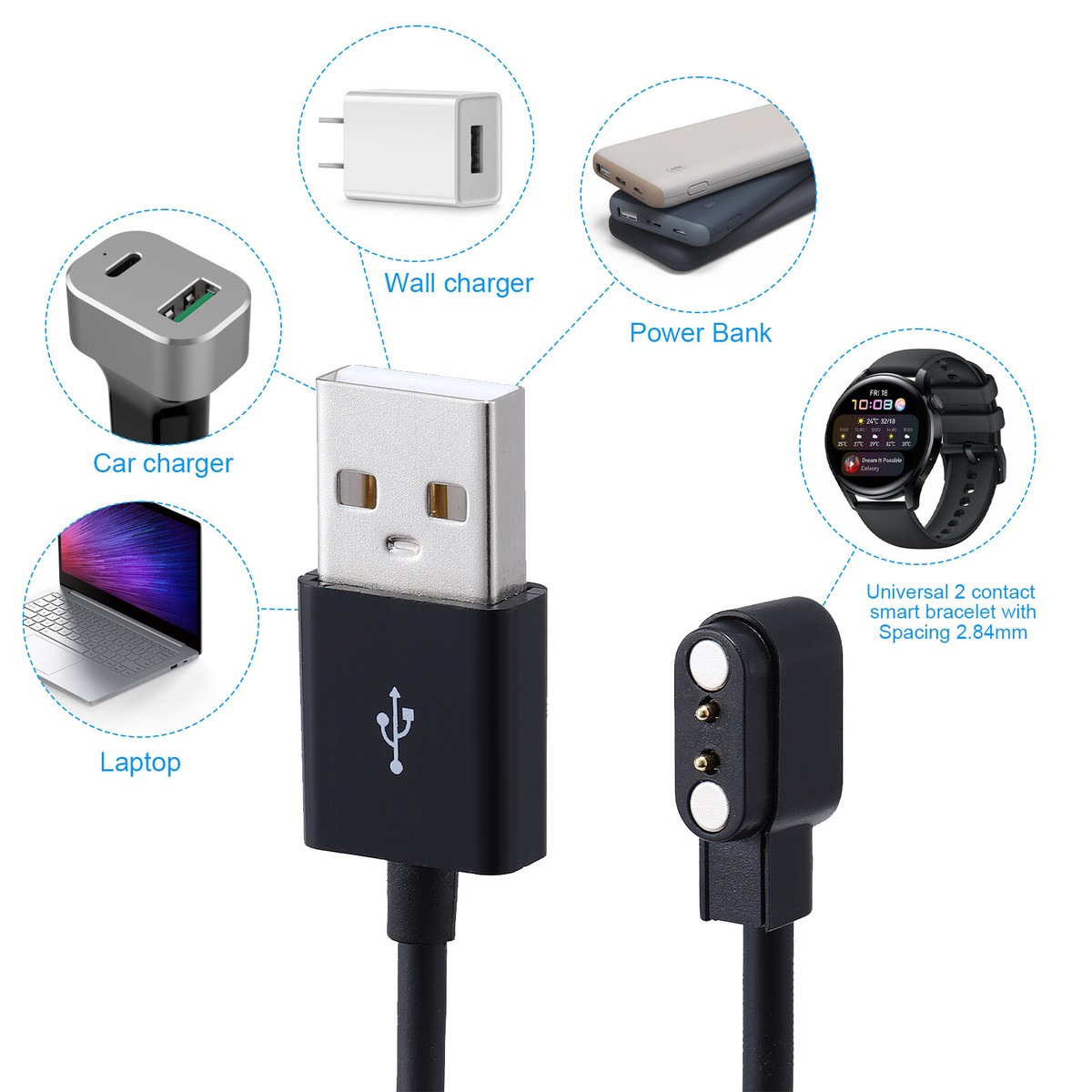 2pc Universal 2-Pin USB Data Charging Cable Magnetic Charger For Smart Watch - Main Image