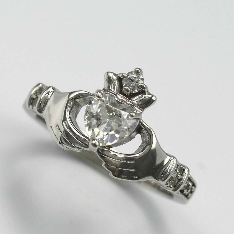 1ct Simulated Diamond Engagement Ring Claddagh Design White Gold
