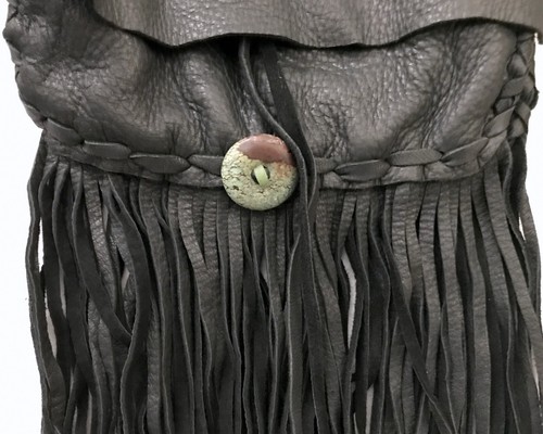 Vintage handmade black leather fringed crossbody with genuine turquoise NEW - Picture 3 of 9