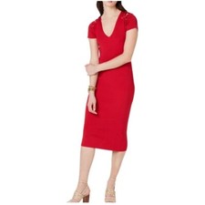 Michael Kors Ribbed V-Neck Lace Up Shoulder Detail Red Midi Dress Sz L Chic